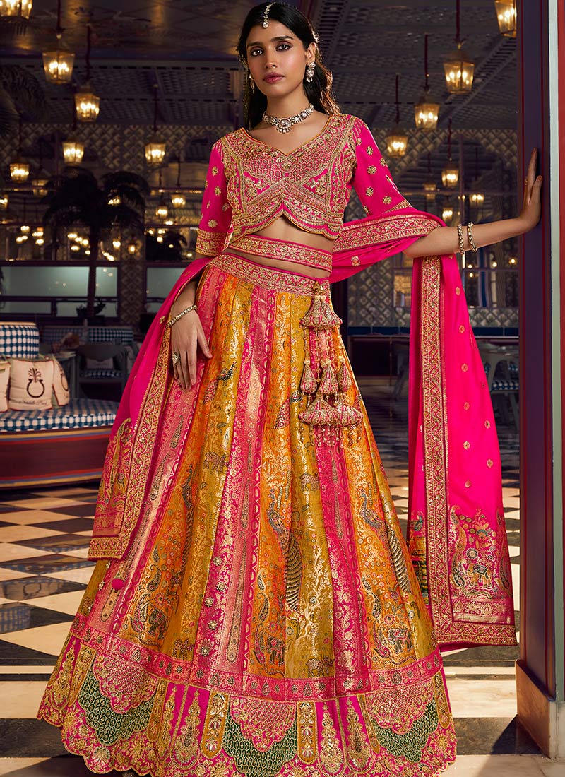 Mustard Zari Embroidered Sequins Banarasi Lehenga Wedding Wear