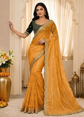 Mustard Zari Sequins Embroidered Silk Saree