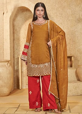 Mustard Zari Sequins Flared Cuff Silk Suit