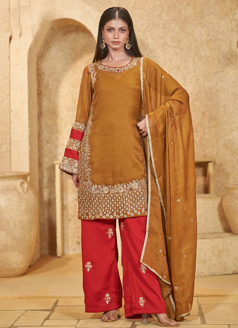 Mustard Zari Sequins Flared Cuff Silk Suit Festive Wear