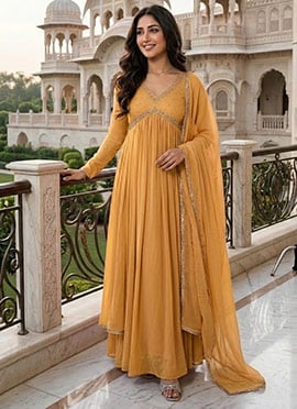 Mustard Zari Sequins Georgette Anarkali Suit