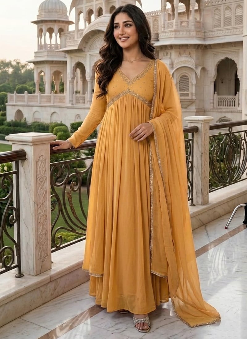 Mustard Zari Sequins Georgette Anarkali Suit Wedding Wear