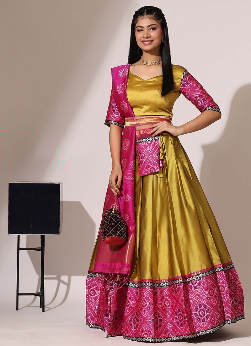 Mustrad Litchi Silk Zari Bandhini Print Lehenga For Classic Festive Wear