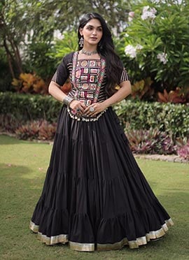 Navratri Black Blended Cotton Embroidered Gota Mirror Work Indowestern Suit