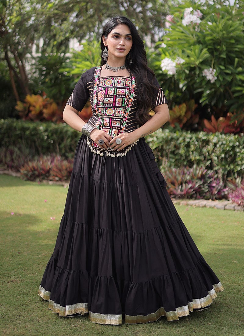 Navratri Black Blended Cotton Embroidered Gota Mirror Work Indowestern Suit Festive Wear