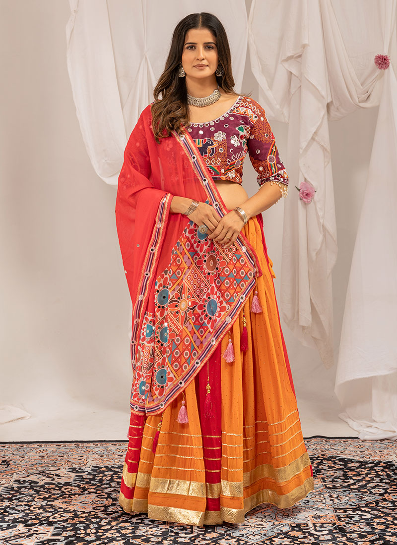 Navratri Multicolored Georgette Mirror Gota Embroidered Lehenga  Festive Wear