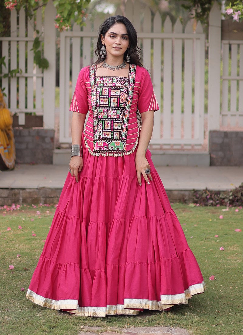 Navratri Pink Blended Cotton Embroidered Gota Mirror Work Indowestern Suit Festive Wear