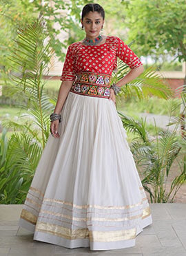 Navratri Red Blended Cotton Embroidered Gota Patti Lehenga