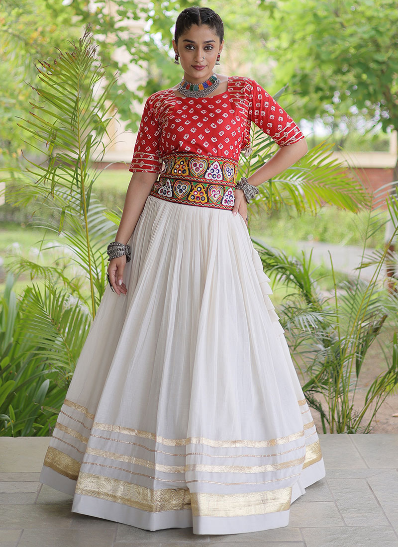 Navratri Red Blended Cotton Embroidered Gota Patti Lehenga Festive Wear