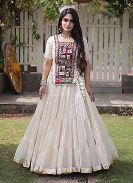 Navratri White Blended Cotton Embroidered Gota Mirror Work Indowestern Suit