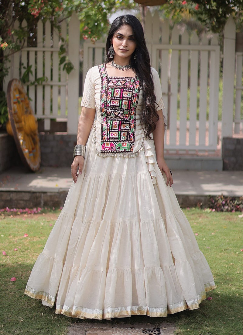 Navratri White Blended Cotton Embroidered Gota Mirror Work Indowestern Suit Festive Wear