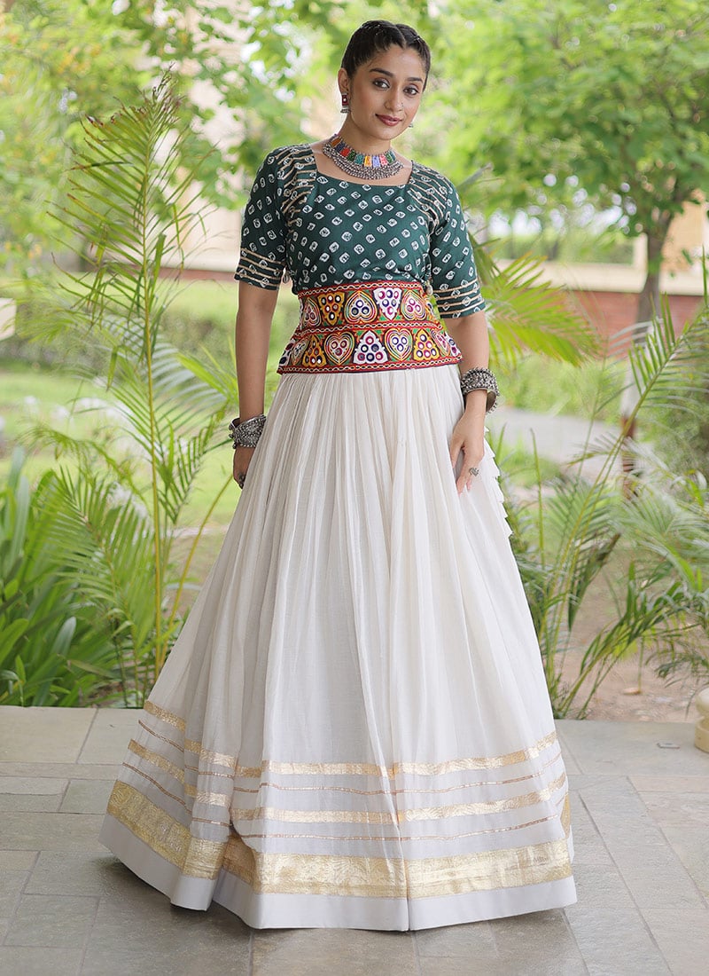 Navratri White Blended Cotton Embroidered Gota Patti Lehenga Festive Wear