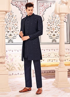 Navy Blue  Silk Thread Work Indowestern Sherwani