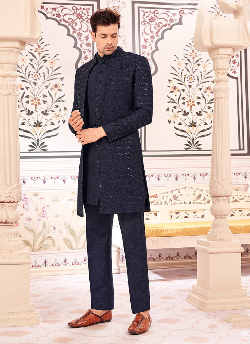 Navy Blue Silk Thread Work Indowestern Sherwani Wedding Wear