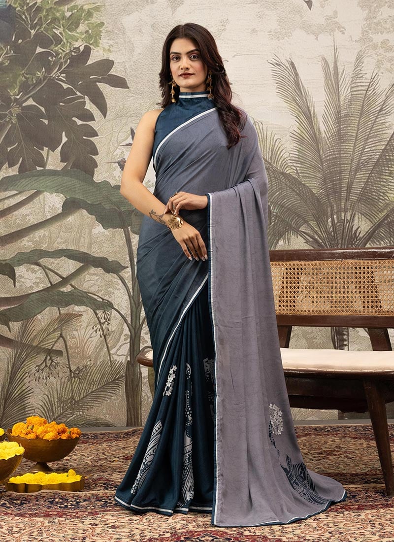 Grey Crepe Printed Saree After Six Wear