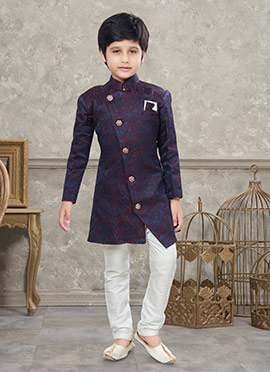 Navy Blue And Maroon Art Silk Jacquard Indowestern Sherwani