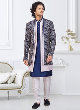 Navy Blue and Off White Banarasi Silk Zari Embroidered Sequins Thread Indowestern Sherwani