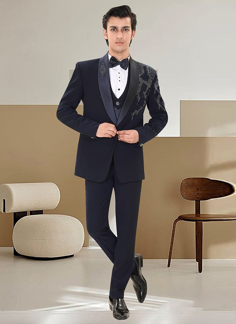 Navy Blue Armani Satin Silk Beads Hand Embroidered Suit Wedding Wear