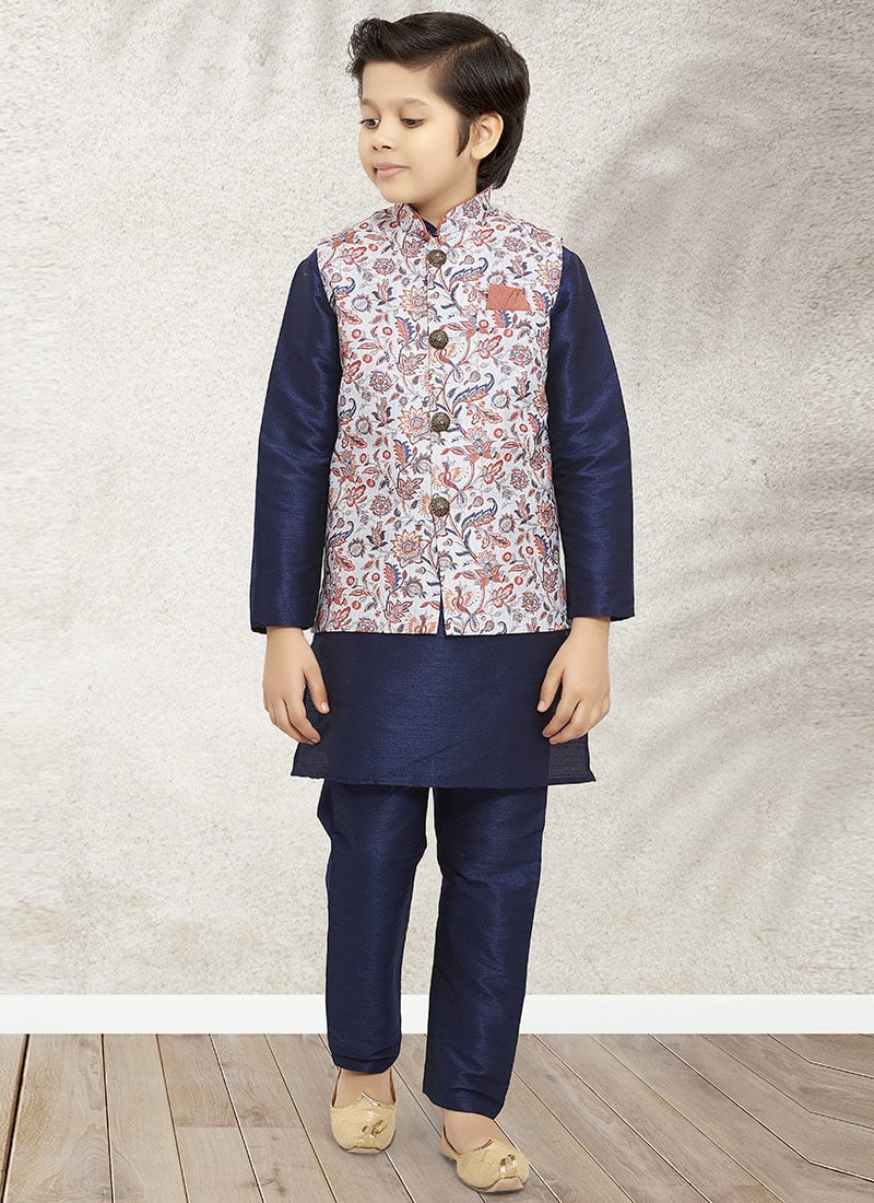 Kids Boys Navy Blue Art Silk Bandi Set Party Wear