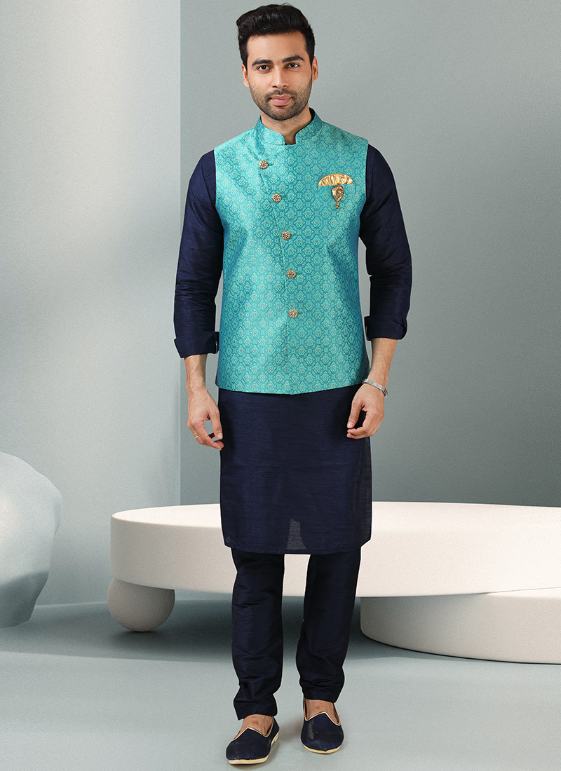 Navy Blue Art Banarasi Silk Jacquard Bandi Set Party Wear