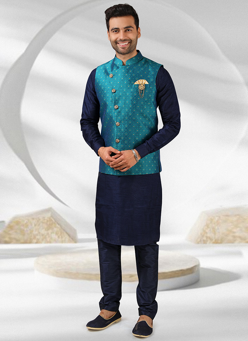 Navy Blue Art Banarasi Silk Jacquard Bandi Set Party Wear