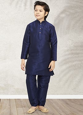 Navy Blue Art Banarasi Silk Soild Plain Kurta Pyjama