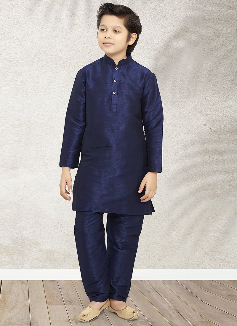 Navy Blue Art Banarasi Silk Soild Plain Kurta Pyjama Party Wear