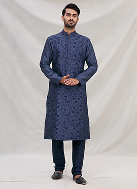 Navy Blue Art Dupion Silk Aari Embroidery Kurta Pyjama