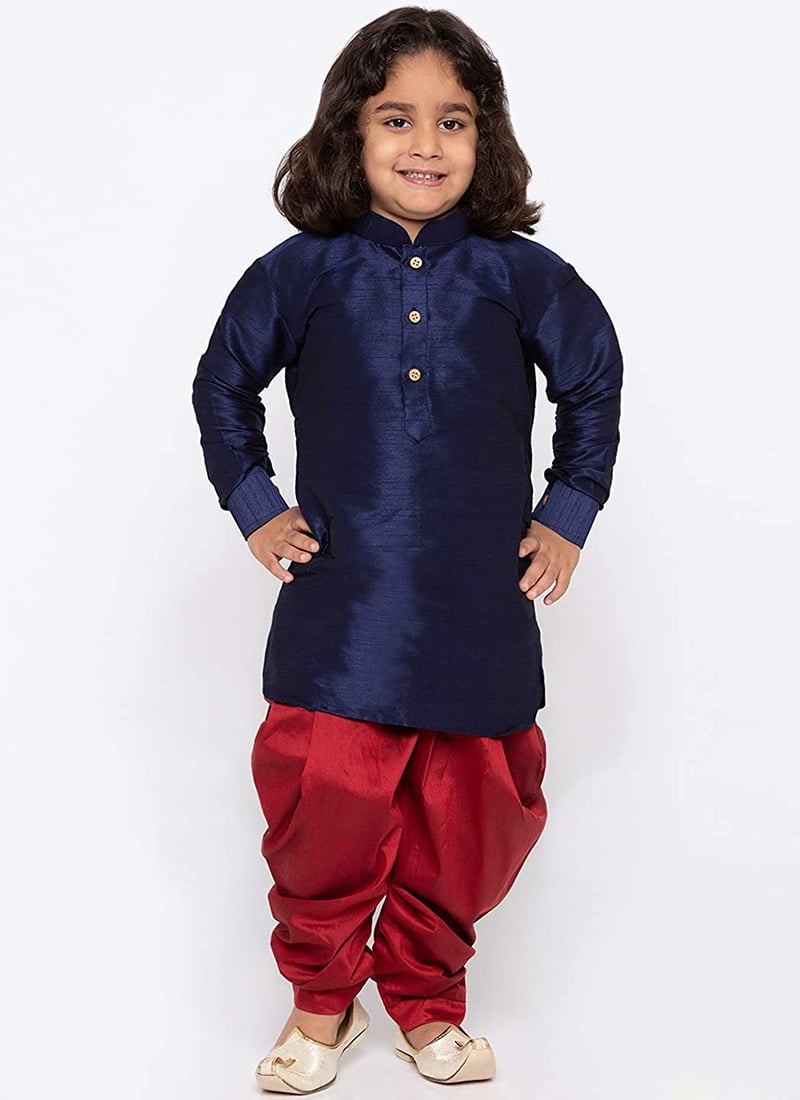 Navy Blue Art Dupion Silk Kurta Dhoti Set