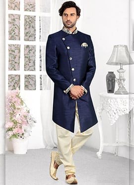 Navy Blue Art Silk Classic Sherwani