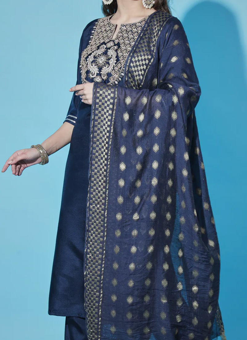 Shop Navy Blue Art Silk Cotton Embroidered Straight Pant Suit Festive ...