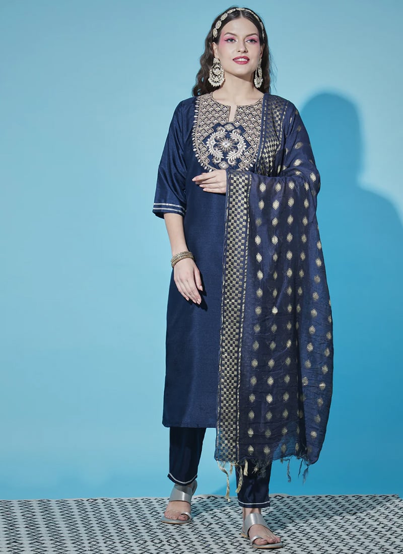 Navy Blue Art Silk Cotton Embroidered Straight Pant Suit Festive Wear