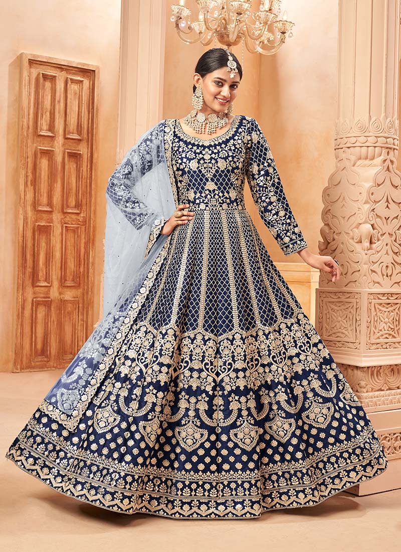 Navy Blue Art Silk Embroidered Gota Patti Anarkali Suit Party Wear