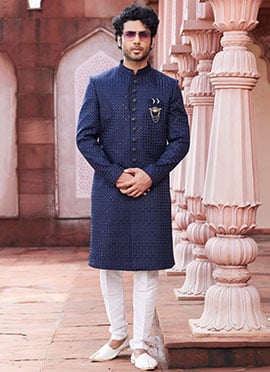 Navy Blue Art Silk Embroidered Indowestern Sherwani