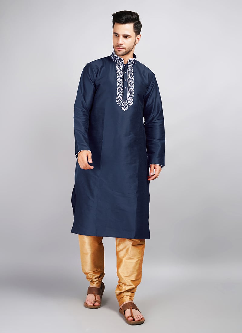 Navy Blue Art Silk Embroidered Kurta Pyjama Festive Wear