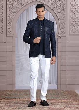 Navy Blue Art Silk Embroidered Sequins Blazer