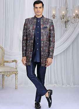 Navy Blue Art Silk Embroidered Sequins Zari Indowestern Sherwani