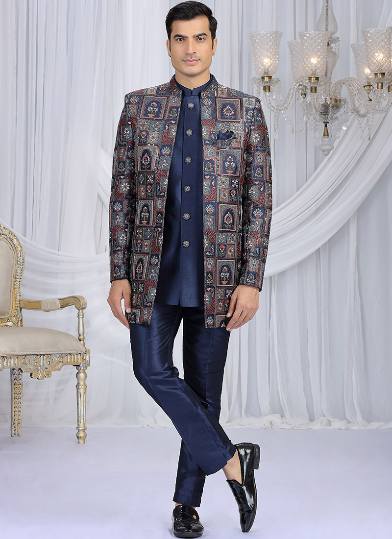 Navy Blue Art Silk Embroidered Sequins Zari Indowestern Sherwani Wedding Wear