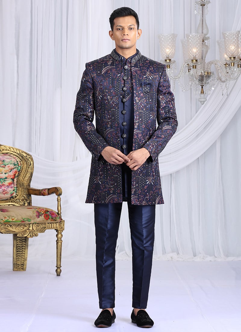 Navy Blue Art Silk Embroidered Sequins Zari Zardosi Indowestern Sherwani Wedding Wear
