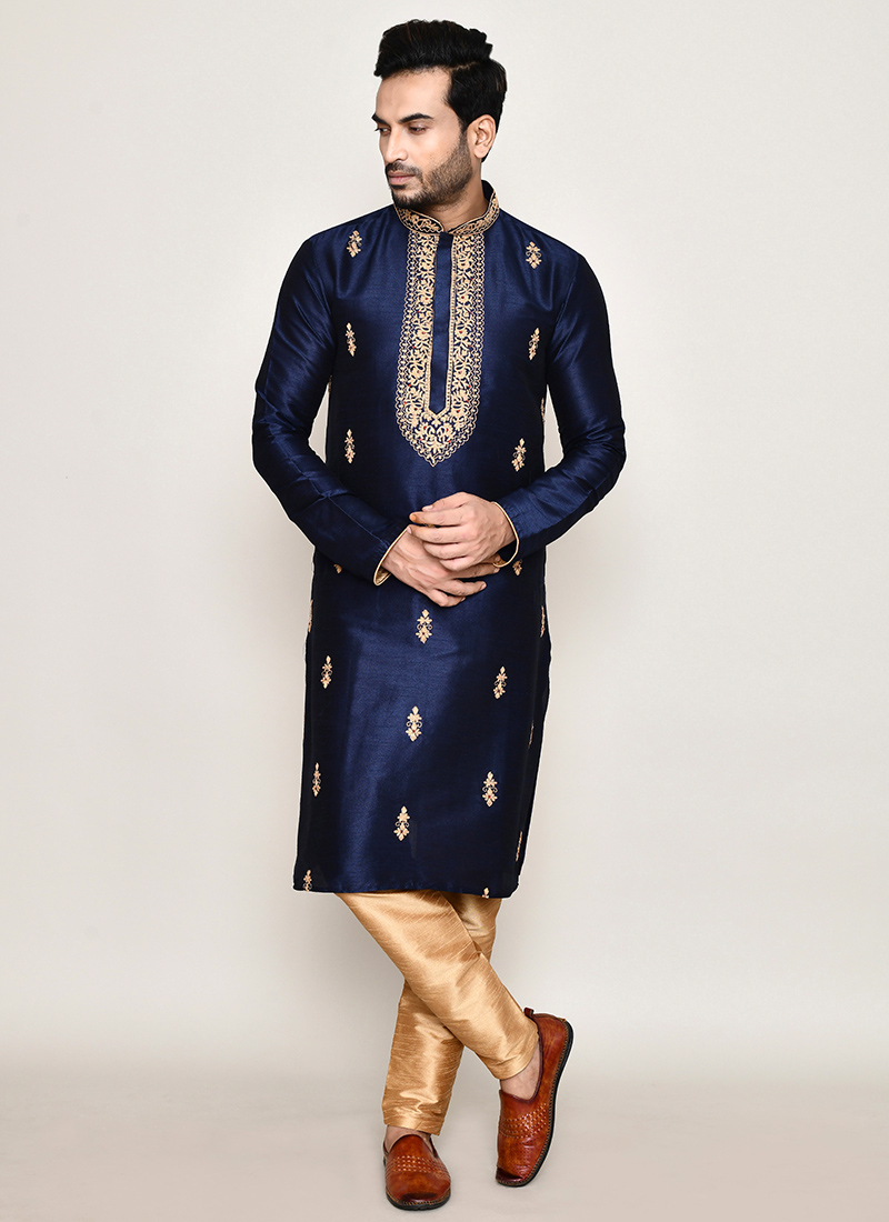 Navy Blue Art Silk Embroidered Thread Kurta Pyjama Festive Wear