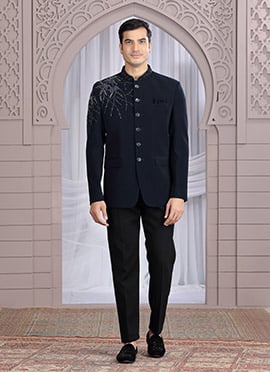 Navy Blue Art Silk Hand Embroidered Blazer