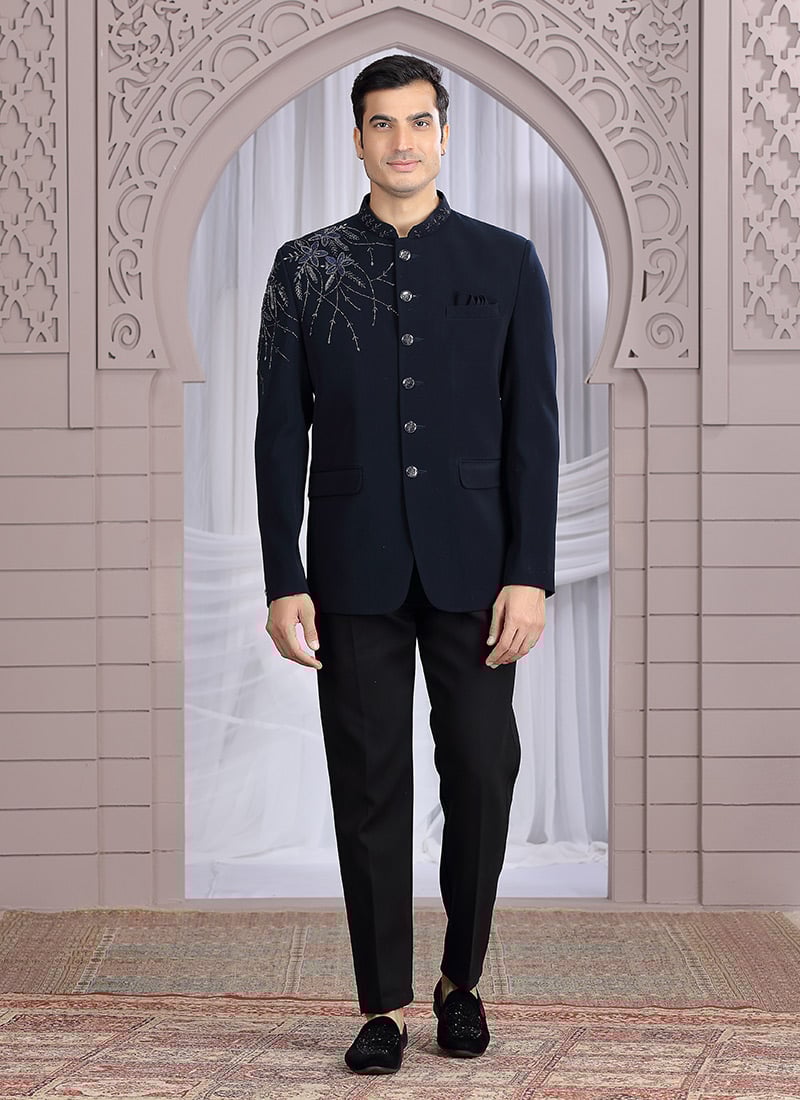 Navy Blue Art Silk Hand Embroidered Blazer