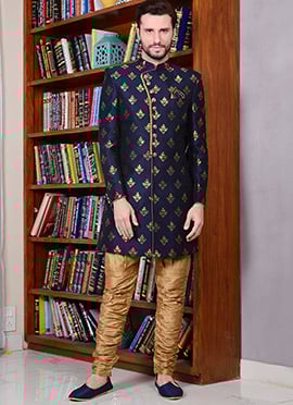 Navy Blue Art Silk Indowestern Sherwani