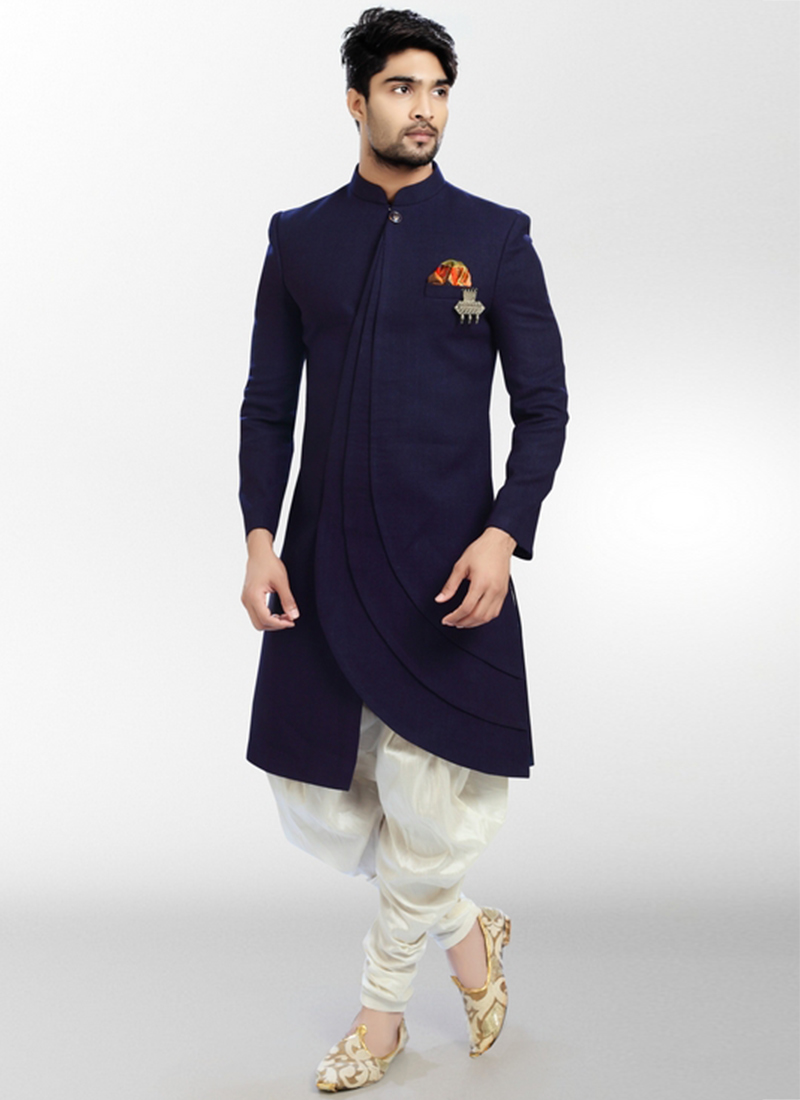 Navy Blue Woven Indowestern Sherwani Wedding Wear