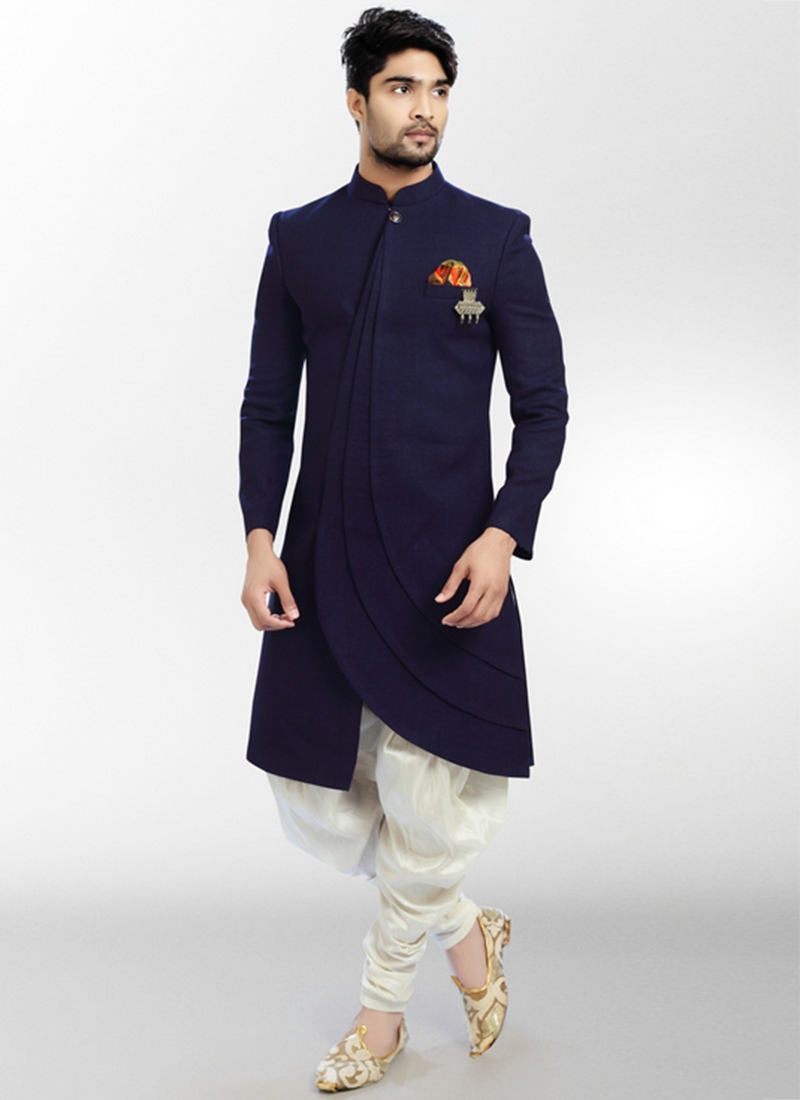 navy blue indo western sherwani