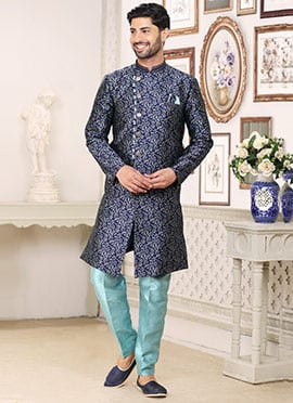 Navy Blue Art Silk Indowestern Sherwani