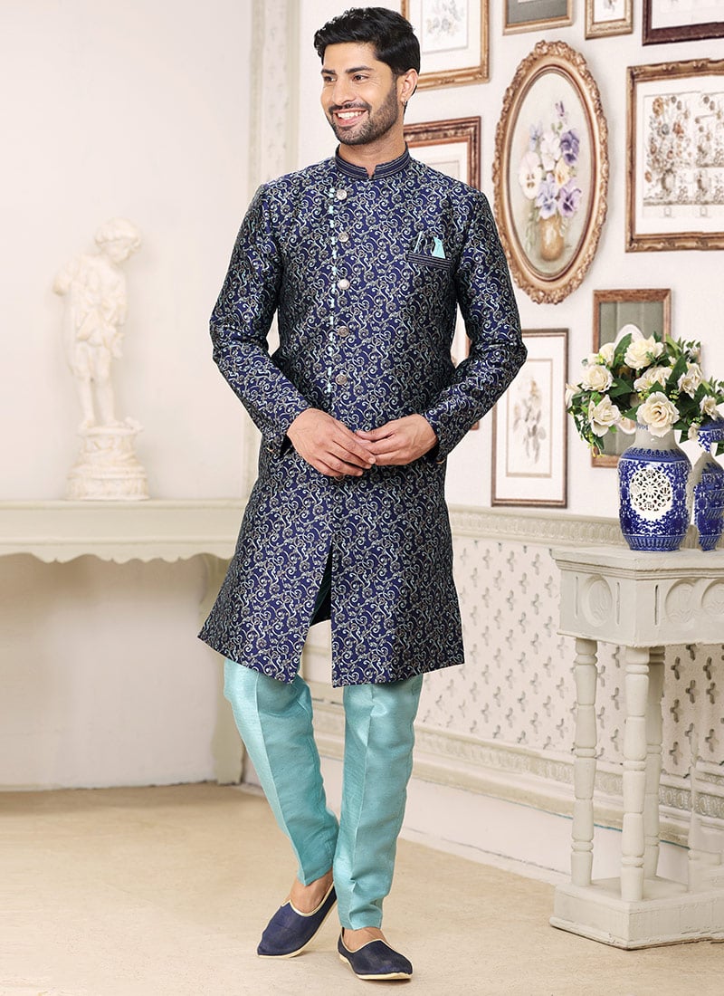 Navy Blue Art Silk Indowestern Sherwani Party Wear