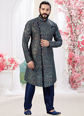 Navy Blue Art Silk Indowestern Sherwani