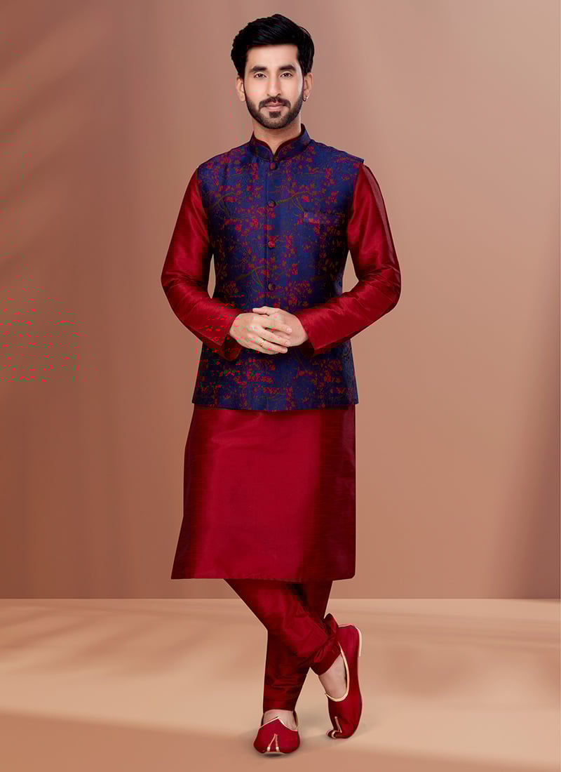 Navy Blue Art Silk Jacquard Bandi Set Festive Wear