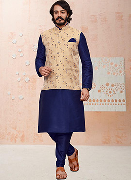 Navy Blue Art Silk Jacquard Bandi Set